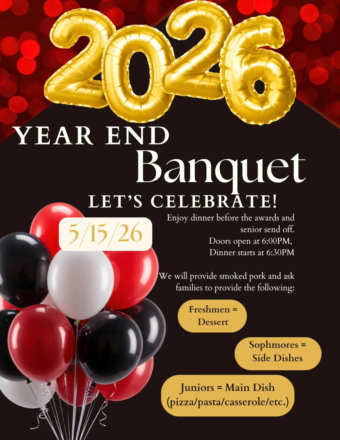Calling any and every band member &amp; their family of the '25/'26 school year! We're celebrating you on May 15th. We ask that each freshman family bring a dessert to share, sophomores families bring a side dish to share, and junior families bring a
