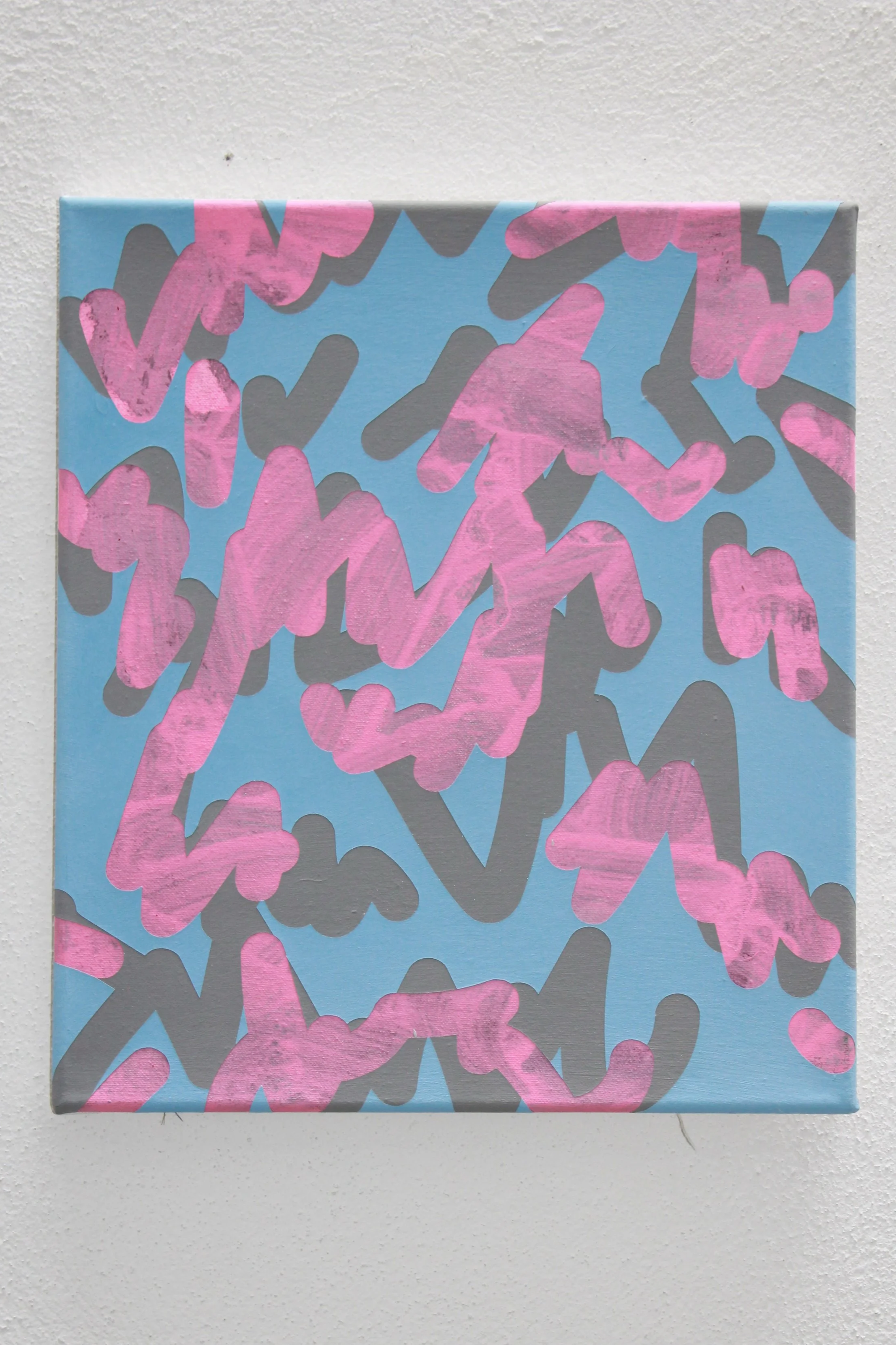 lines filled with pink brushstrokes in front of gray lines on blue
