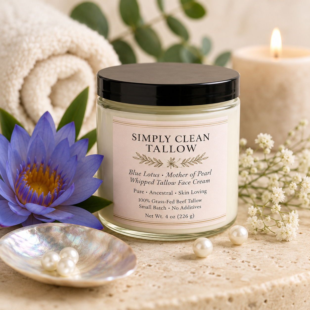 Blue Lotus with Mother of Pearl Shell Powder Whipped Tallow