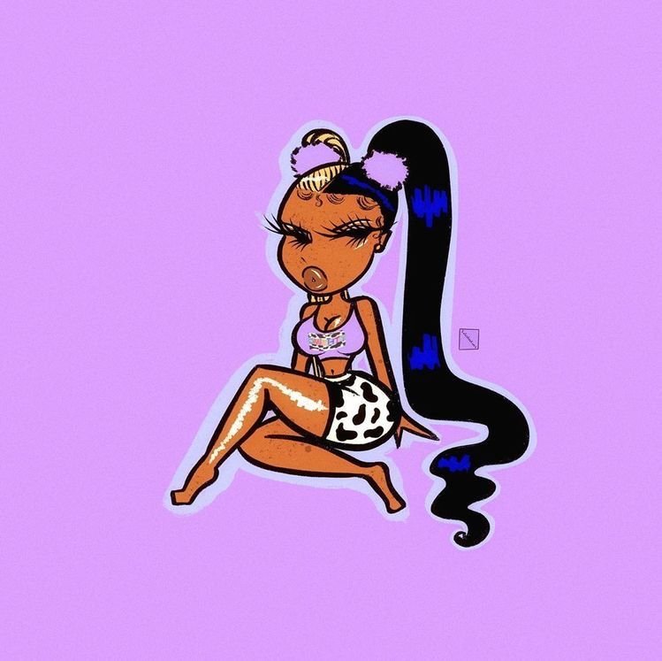 Cartoon illustration of a girl with long black and blue hair, sitting with one leg crossed over the other, wearing a purple top and zebra-print shorts, against a lavender background.