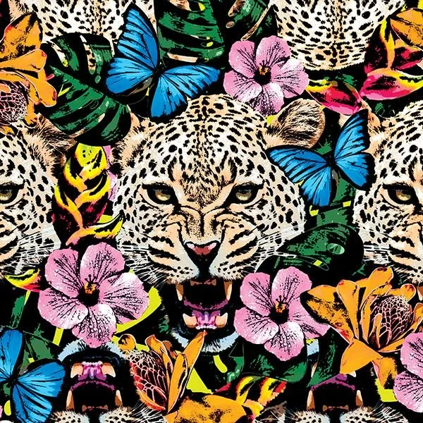 A vibrant pattern featuring a central leopard's head surrounded by pink, yellow, and orange flowers and blue and green butterflies.
