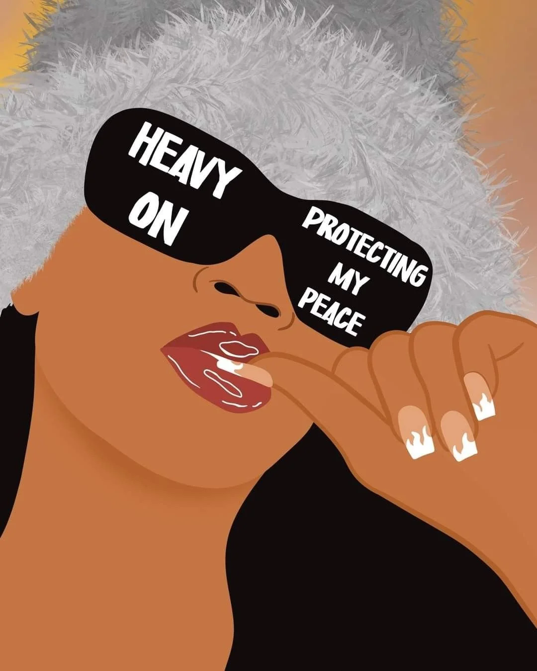 A woman with silver hair wearing large black sunglasses with white text reading "Heavy on protecting my peace". She is touching her lips with her finger, which has white painted nails.