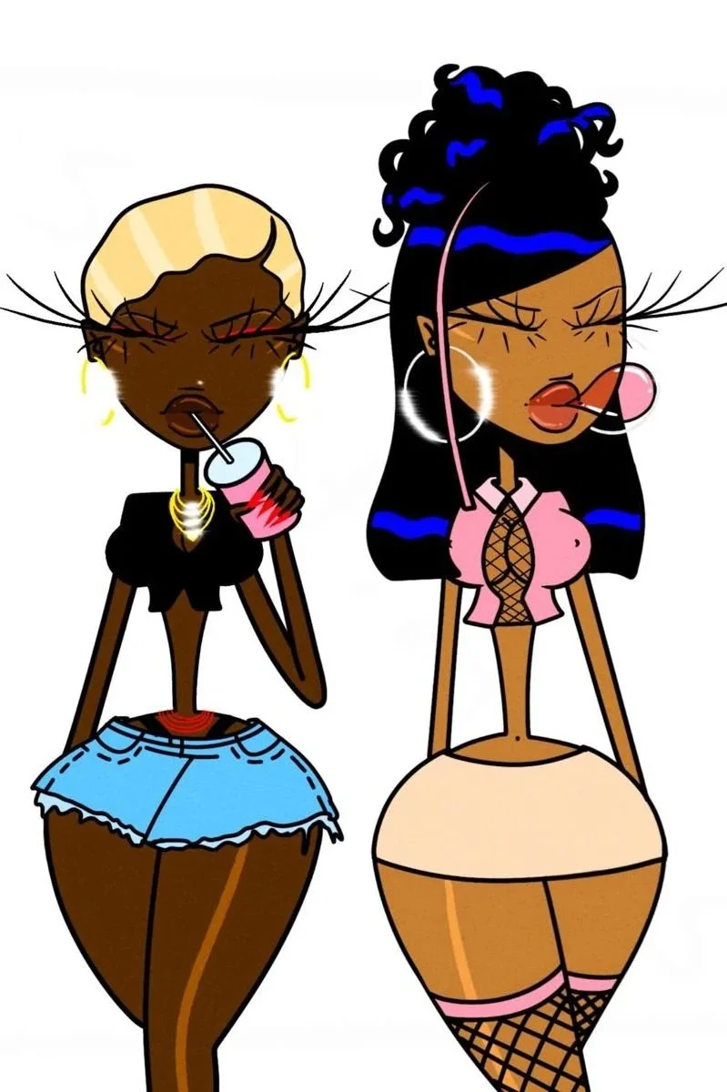 Two cartoon women with exaggerated hips and thighs, wearing revealing outfits, drinking from cups with straws, with closed eyes and long eyelashes.