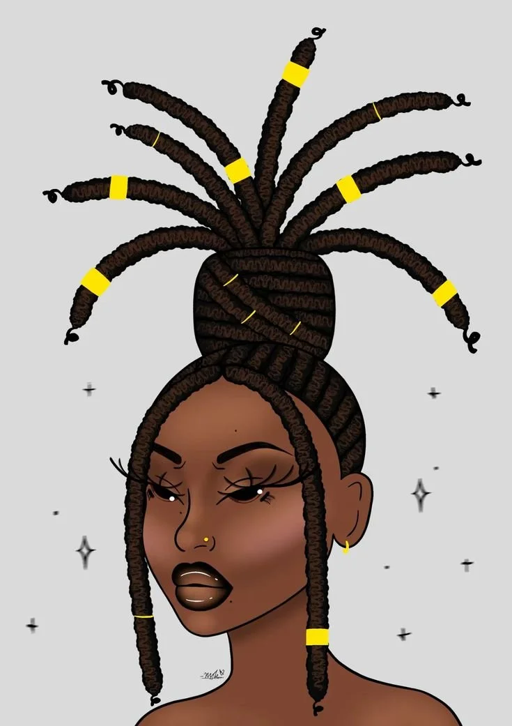 Stylized digital illustration of a woman with dark skin, fierce expression, and long twisted dreadlocks adorned with yellow bands. She has makeup, a nose ring, and earrings, set against a light gray background with small decorative stars.