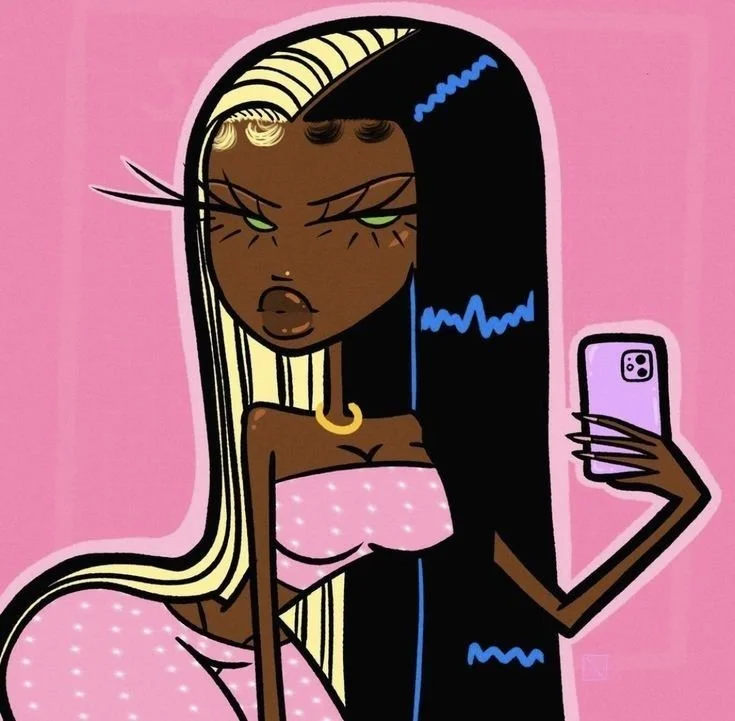 A cartoon woman with dark brown skin, long black and blonde hair, and a frustrated expression, taking a selfie against a pink background. She wears a pink polka dot strapless top and matching pants, with a gold necklace.