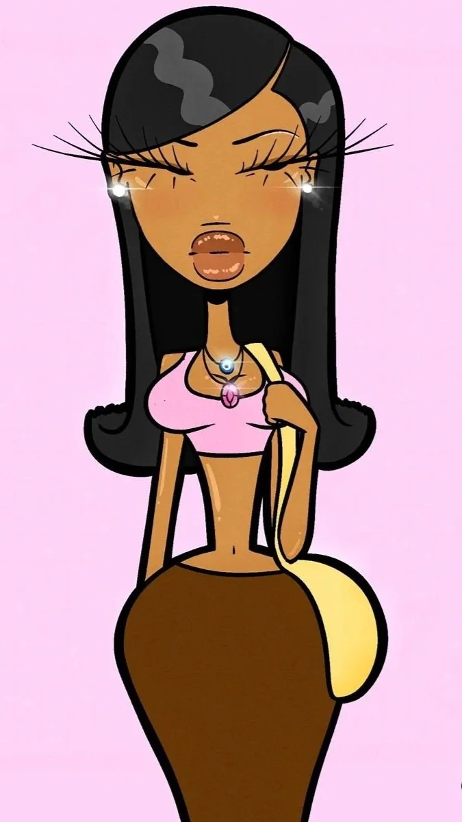 Cartoon drawing of a woman with long black hair, wearing earrings, a pink top, and a long brown skirt, holding a yellow bag, against a pink background.