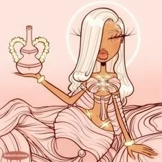 A stylized illustration of a woman with long white hair, holding a hookah pipe, sitting on a pink flowing fabric, with a hookah in the background.