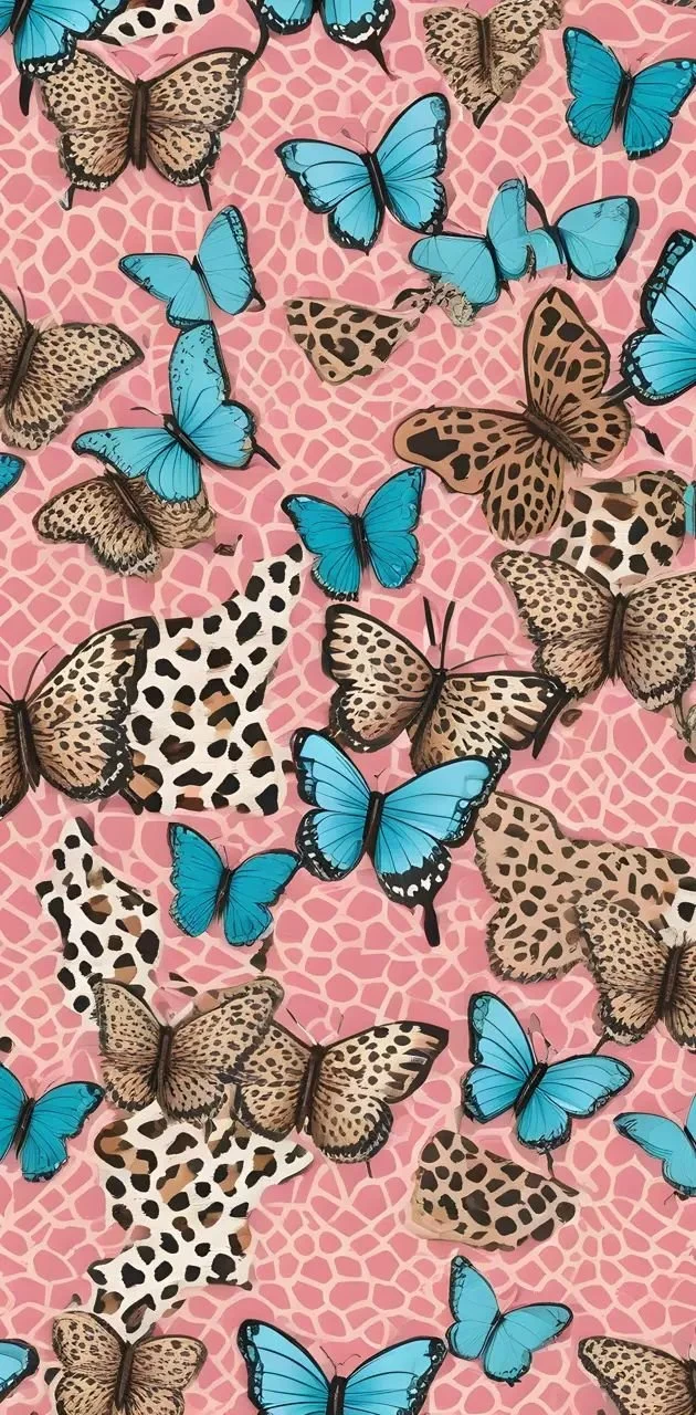 Pattern of blue and brown spotted butterflies on a pink textured background.
