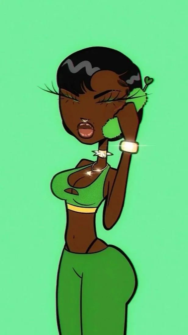 Animated illustration of a woman with dark skin, short black hair, wearing green crop top and matching green pants, holding a phone to her ear against a green background.