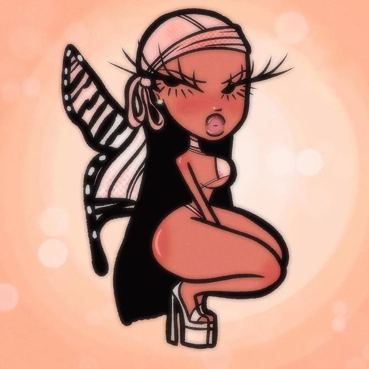 Cartoon illustration of a woman with large eyelashes, wearing a headscarf, sitting with her knees pulled up and her eyes closed, against a pink background with bokeh effects.