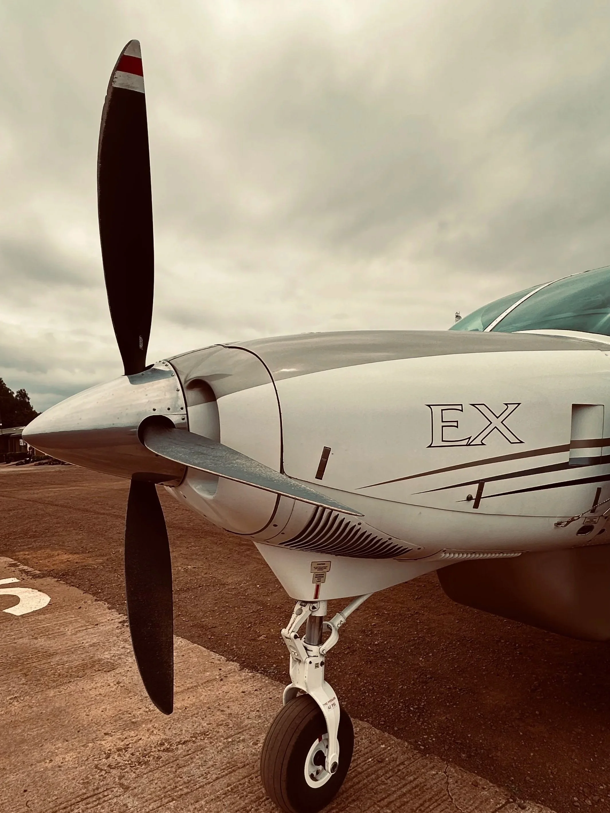 Close-up of a small aircraft nose and propeller with landing gear, showing a white and black color scheme and the letters 'EX' painted on the side. The background includes a cloudy sky and the ground.
