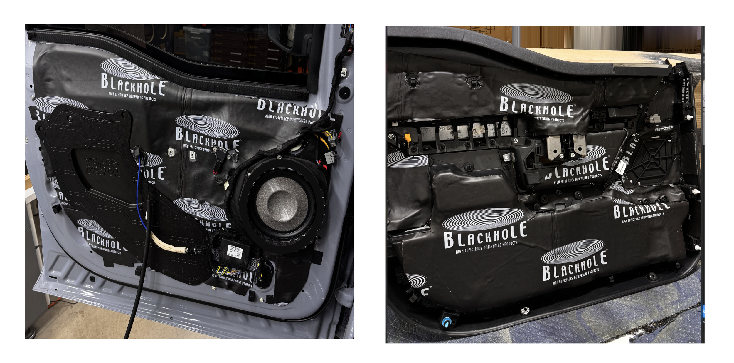 Interior of a car door with soundproofing material labeled 'Blackhole,' showing wiring, speaker, and mechanical parts.
