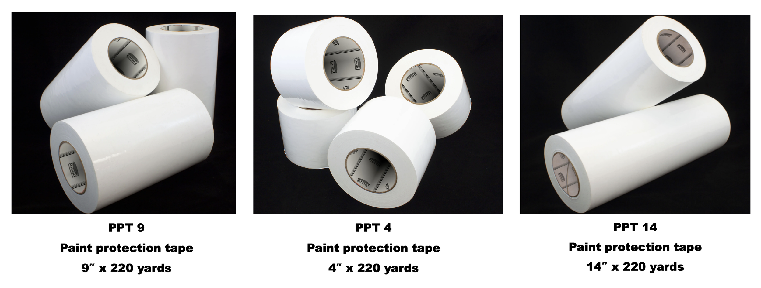 Three sets of white paint protection tapes in different sizes. The first set includes three rolls labeled 'PPT 9' for 9 inch by 220 yards, the second set includes four rolls labeled 'PPT 4' for 4 inch by 220 yards, and the third set includes two rolls labeled 'PPT 14' for 14 inch by 220 yards.