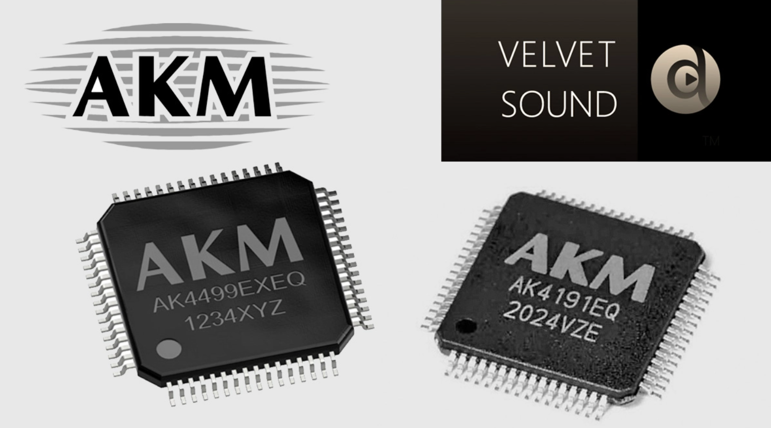 Two microchips with AKM branding and a company logo reading AKM, along with a logo for Velvet Sound and a symbol resembling a play button.
