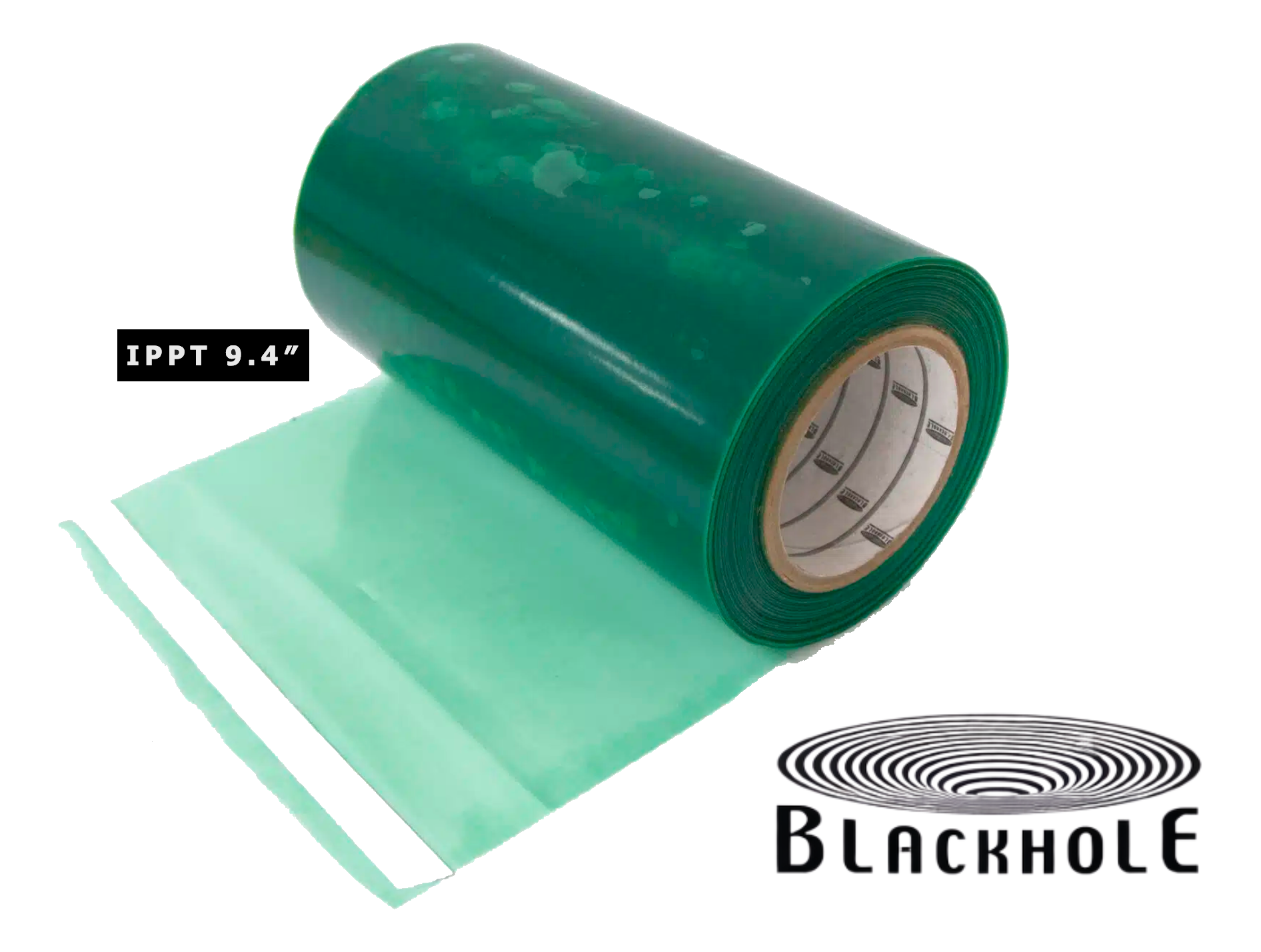A roll of green plastic trash bag with a size label of IPPT 9.4 inches and the Blackhole logo.