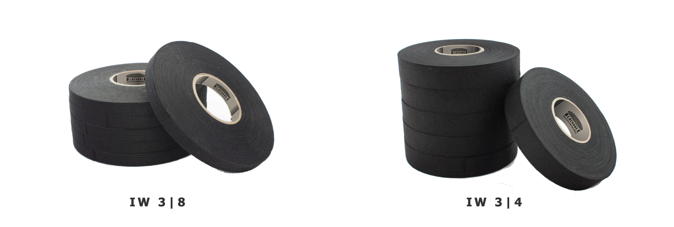 Two sets of hockey tape rolls, labeled IW 3/8 and IW 3/4, arranged on a white background.