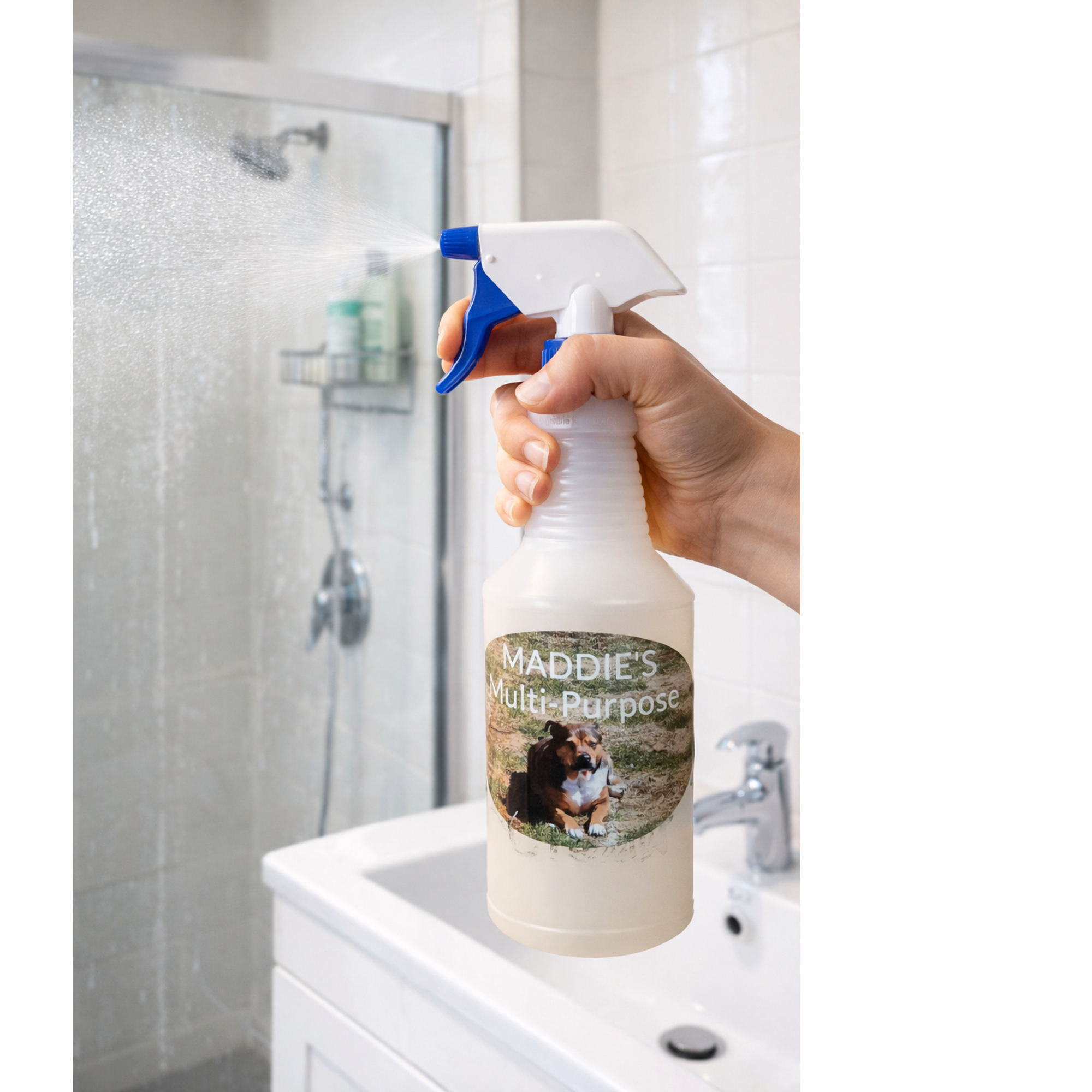 A person holds a spray bottle labeled 'Maddie's Multi-Purpose' with an image of a dog on it, in a bathroom.