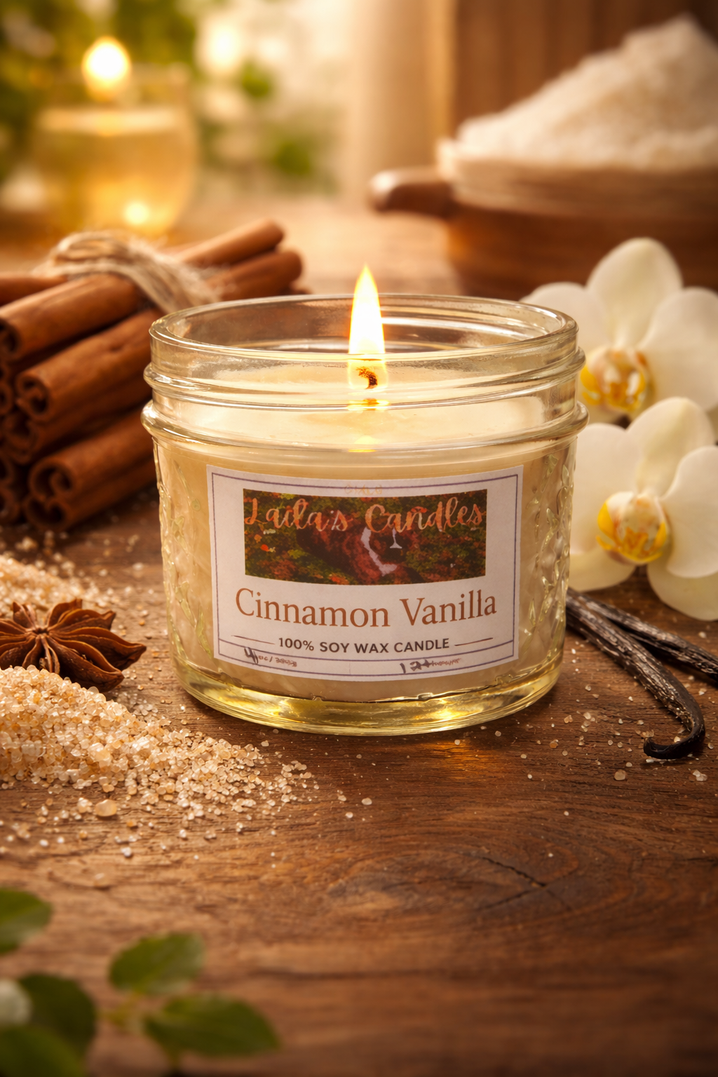 A lit cinnamon vanilla scented soy wax candle in a glass jar, surrounded by cinnamon sticks, star anise, white orchids, and scattered sugar on a wooden surface, with warm lighting.