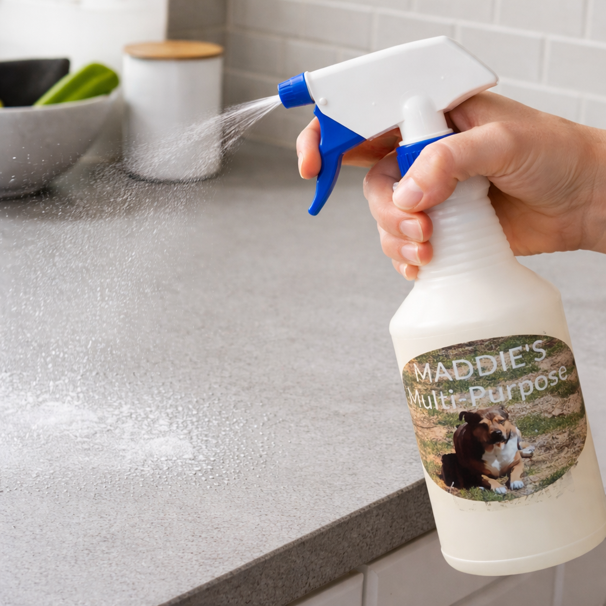 A hand holding a spray bottle labeled 'Maddie's Multi Purpose' with a picture of a dog, being used to spray a countertop with water or cleaning solution.