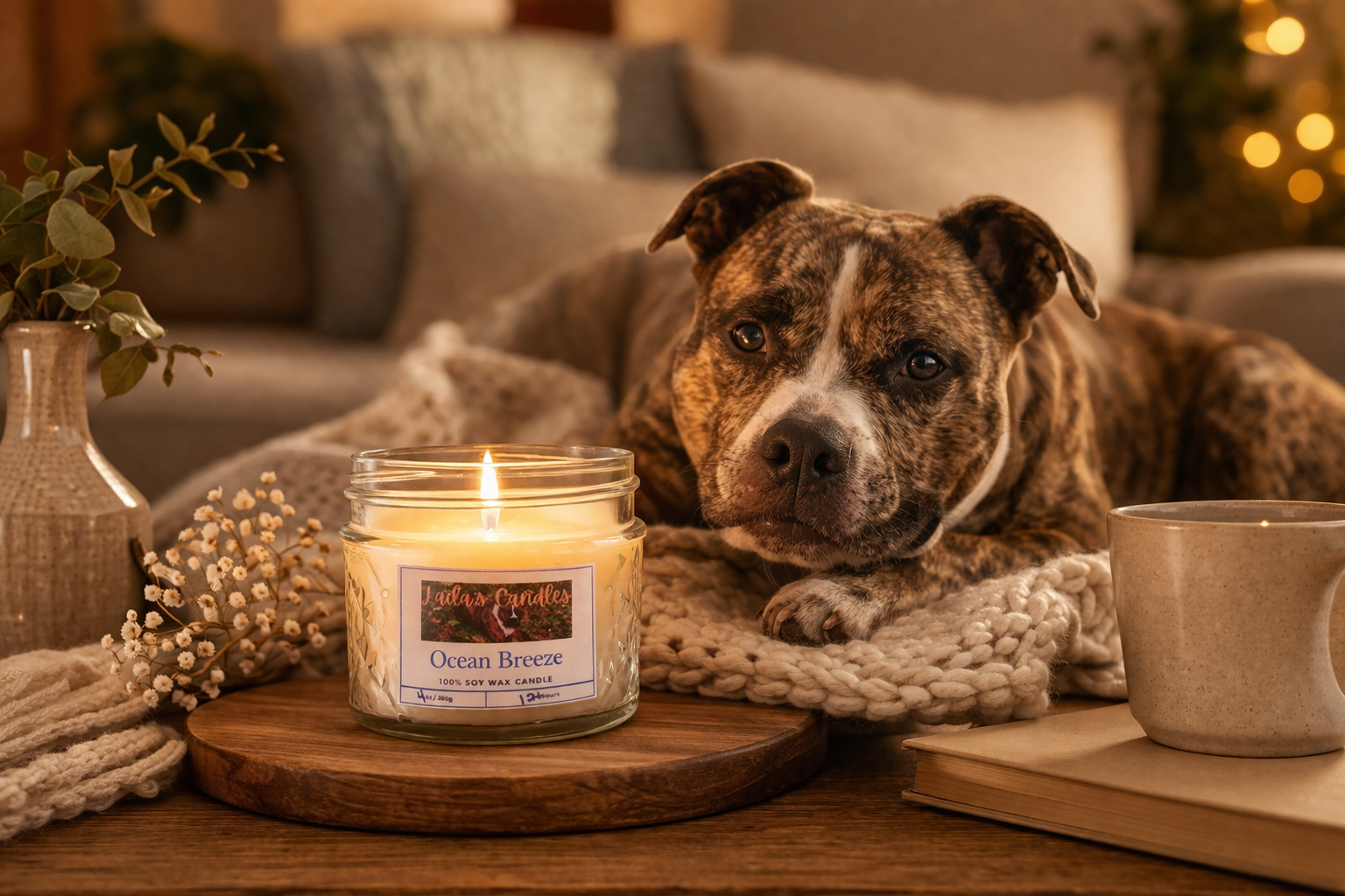 A brindle-colored dog lying on a knitted blanket next to a lit candle in a jar labeled 'Ocean Breeze,' a coffee mug, and a small flower arrangement on a wooden table, with a cozy living room and fairy lights in the background.