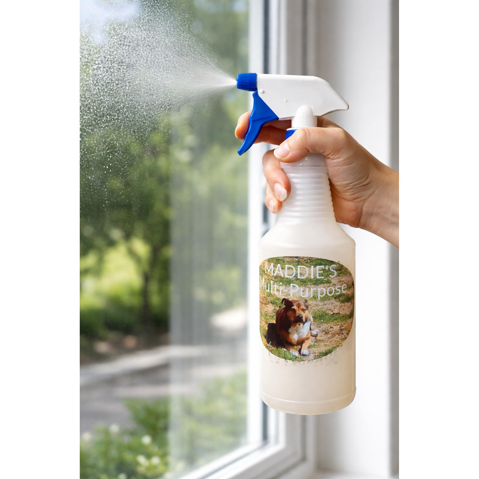 A hand holding a spray bottle labeled 'Maddie's Multi-Purpose' with a picture of a dog on it, spraying a window with water or cleaning solution.