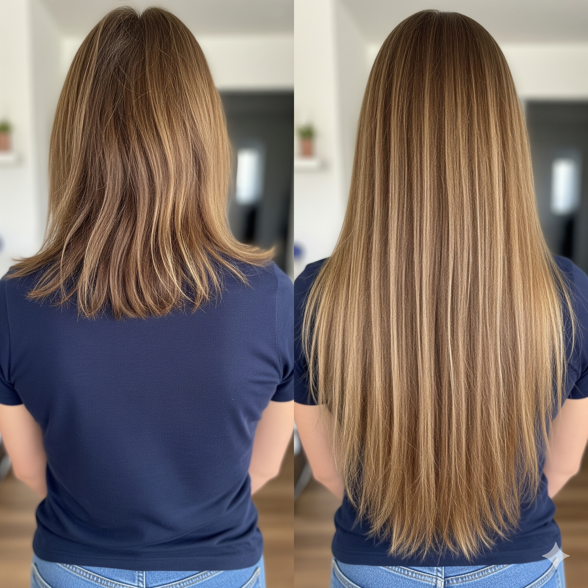 Side-by-side comparison of a woman's hair before and after a haircut and styling. The left image shows shoulder-length, slightly wavy hair, while the right image shows long, straight, and smooth hair.