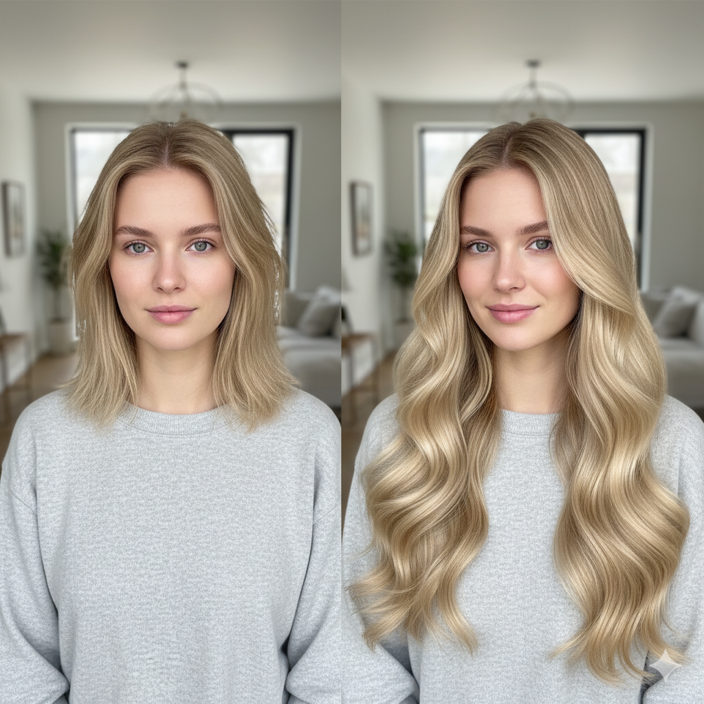 Comparison of a woman with shoulder-length, light brown hair on the left and the same woman with long, blonde, wavy hair on the right, inside a bright, modern living room.