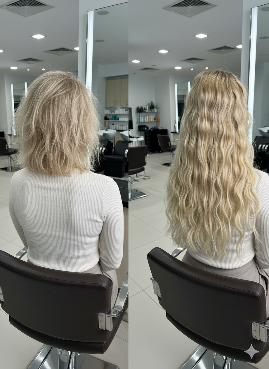 Comparison of a woman's hair before and after a styling makeover, showing straight hair before on the left and long, wavy hair after on the right, in a hair salon.