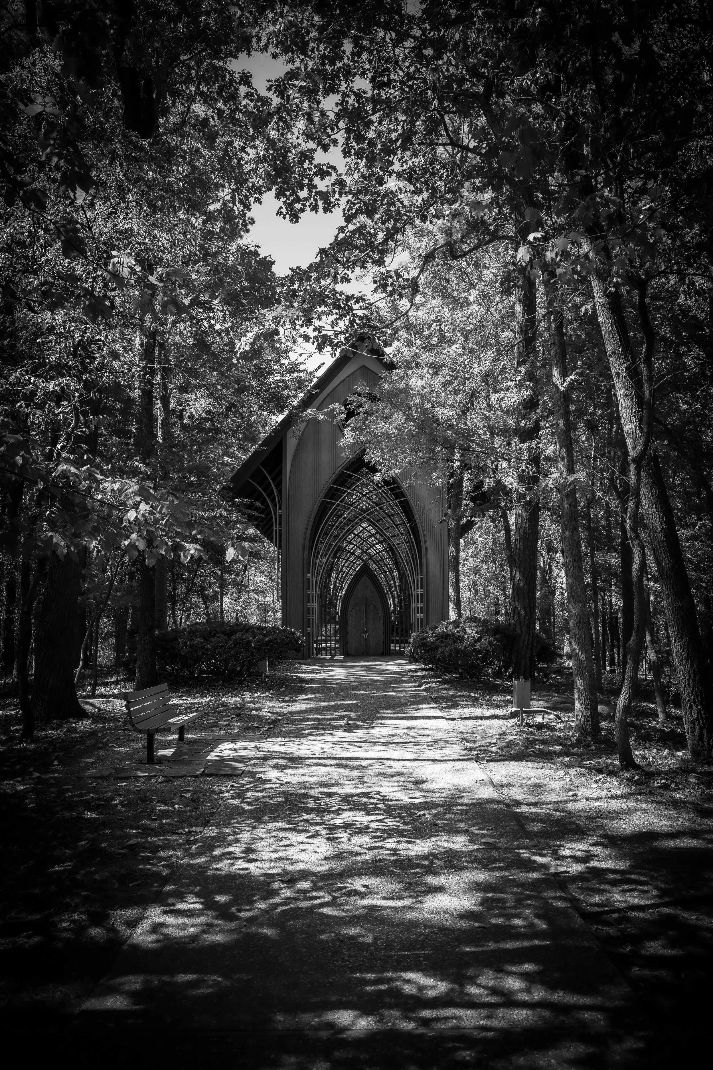 Mildred B. Cooper Memorial Chapel surrounded by woods in Bella Vista, Arkansas