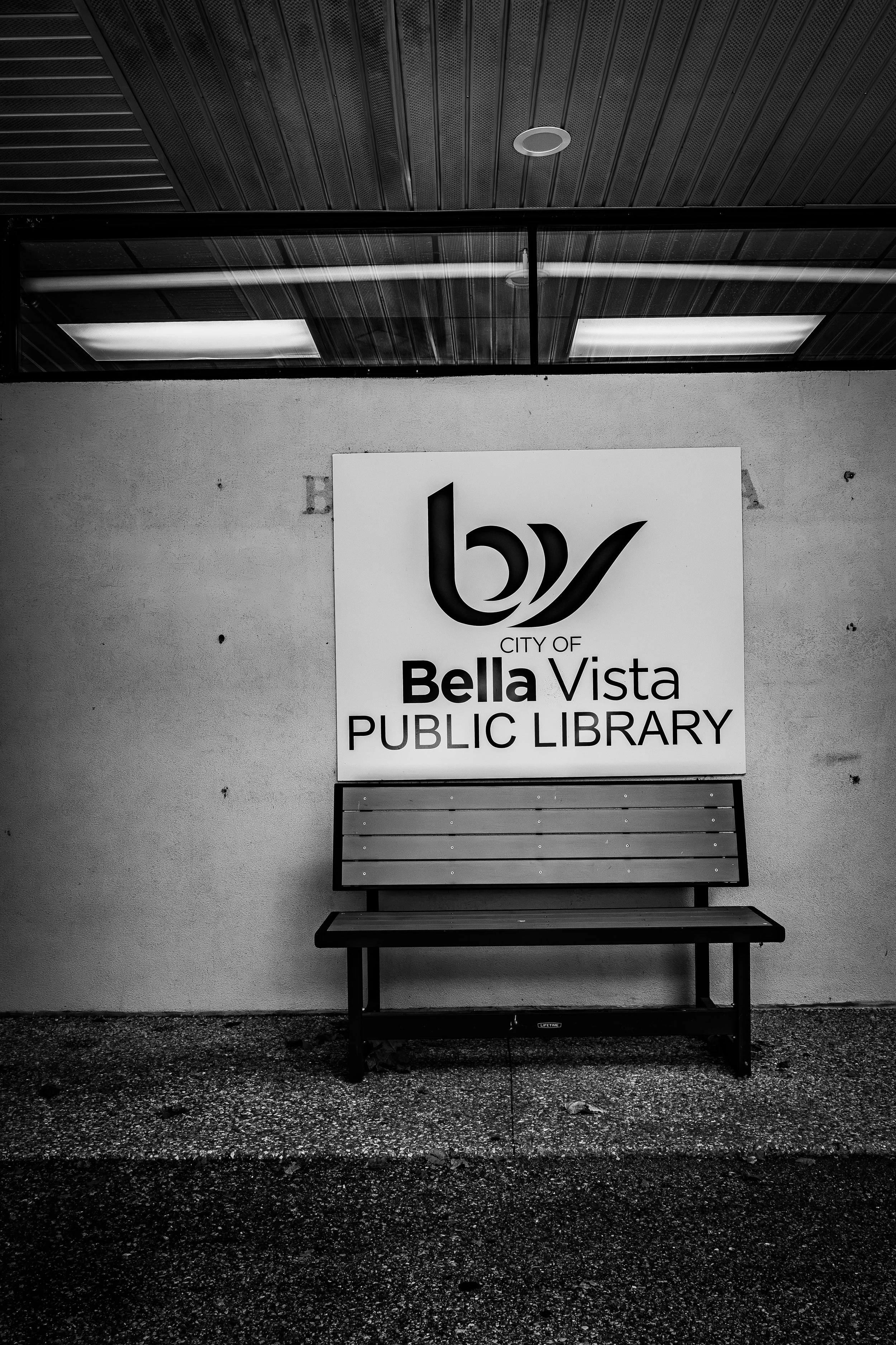 Bella Vista Public Library entrance and sign in Bella Vista, Arkansas