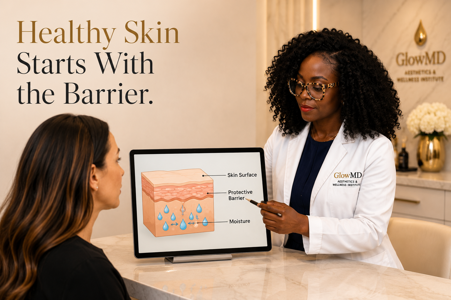 Dr. Omerine Aseh explaining skin barrier health and moisture retention during a personalized skincare consultation at GlowMD.