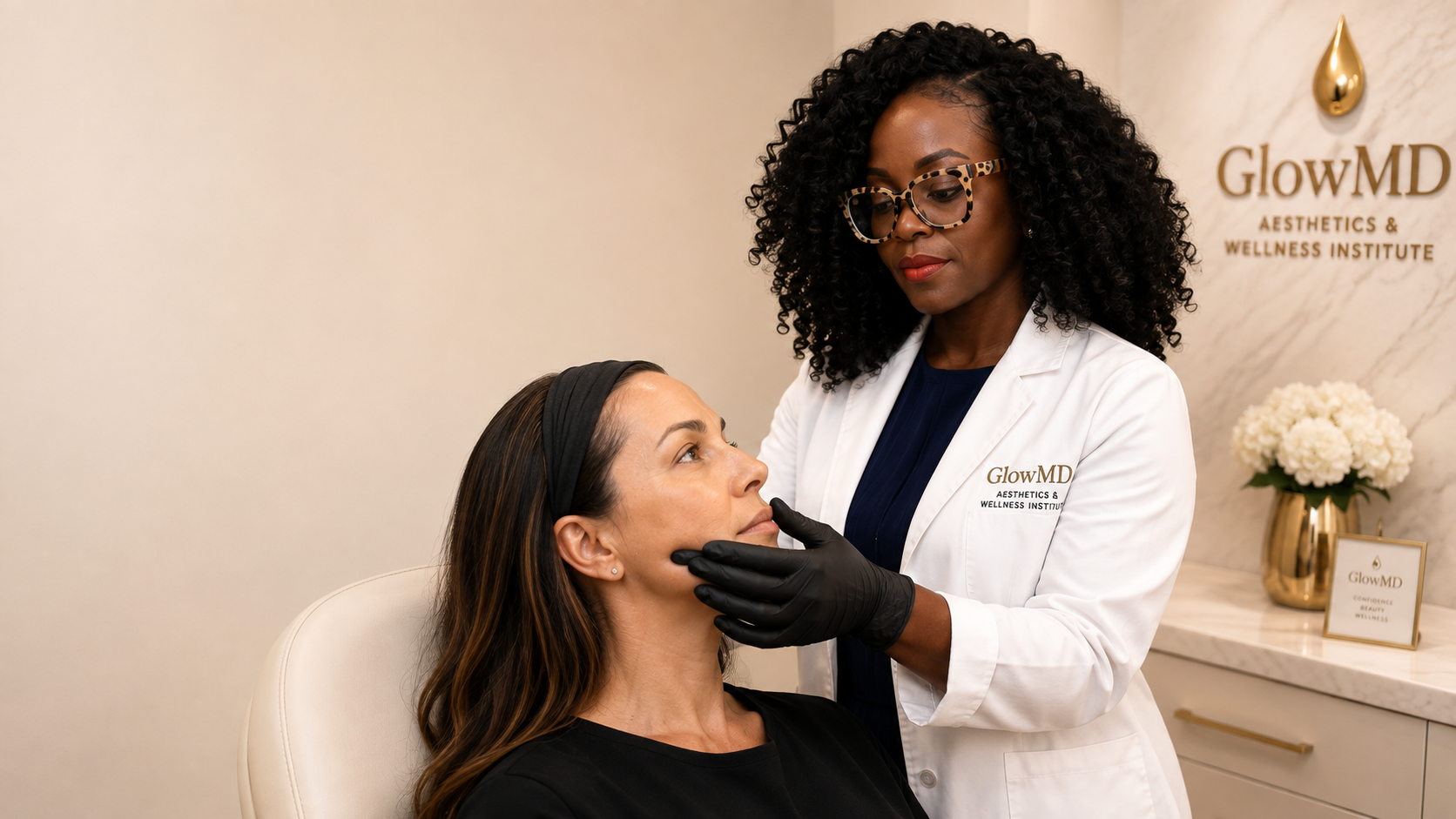 Dr. Omerine Aseh evaluating a patient's skin at GlowMD during a personalized healthy skin consultation.