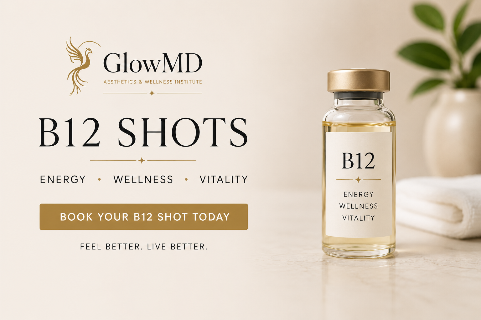 GlowMD wellness call-to-action graphic promoting B12 shots