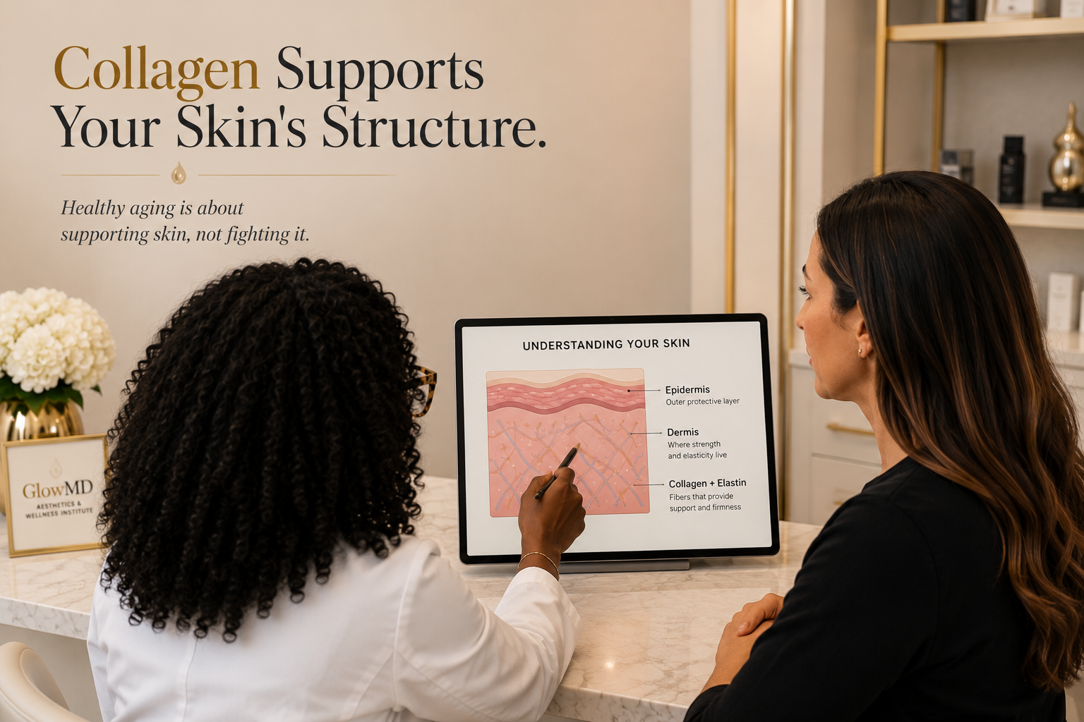 Dr. Omerine Aseh explaining collagen, skin structure, and healthy skin aging during a GlowMD consultation.