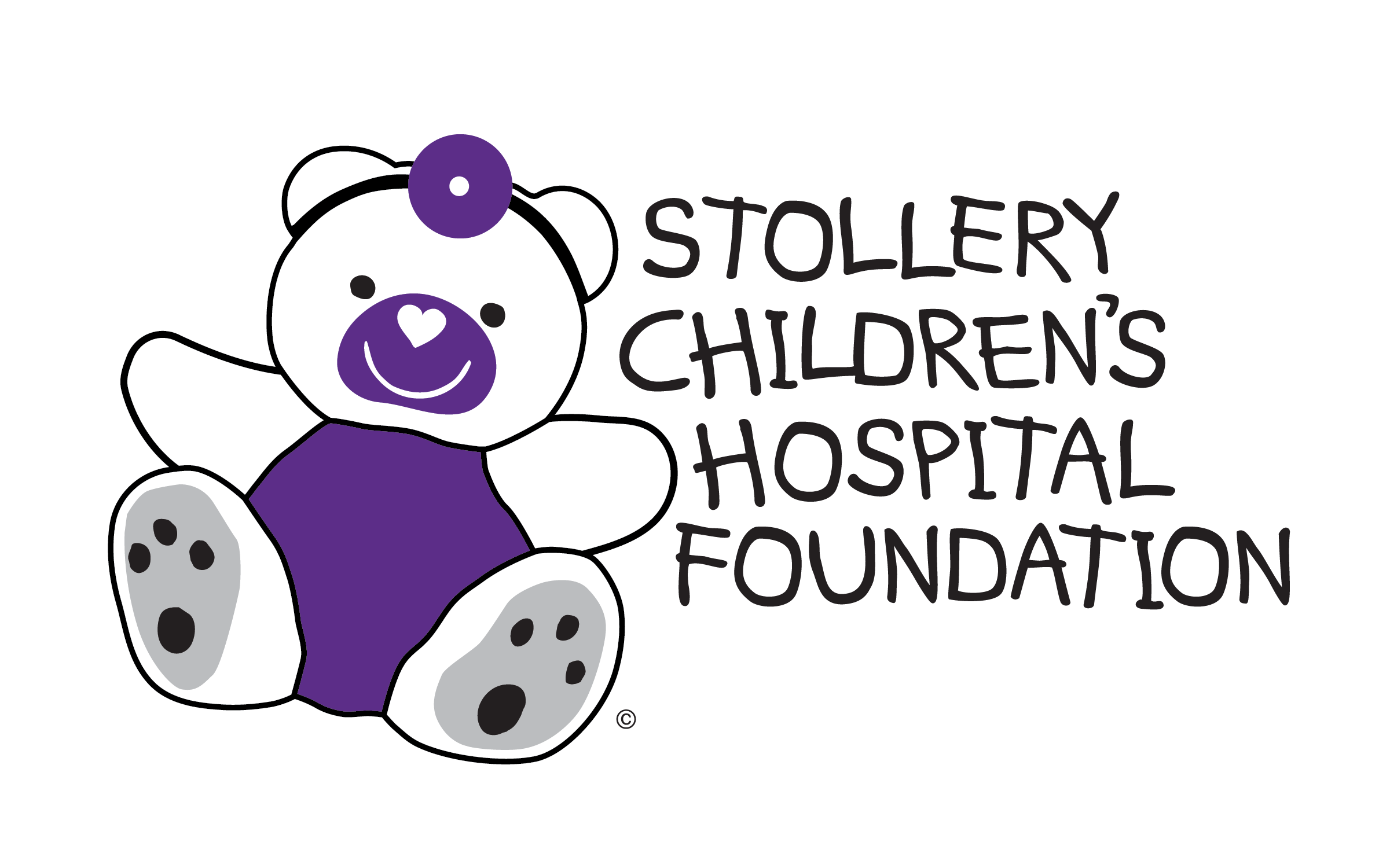 Logo of Stollery Children's Hospital Foundation featuring a purple and white teddy bear with a purple heart-shaped nose, a purple patch on its belly, and a purple circle on its head all set against a black background with the organization’s name written beside it.