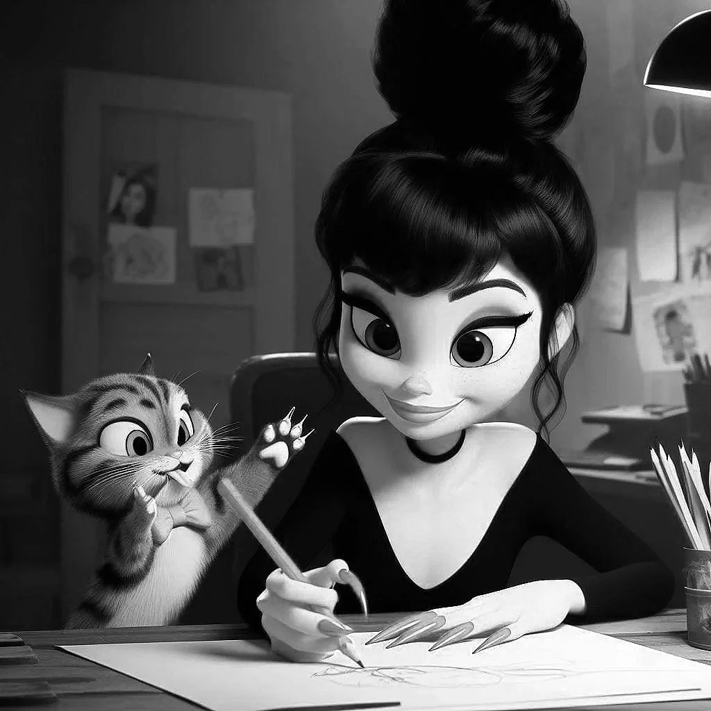 Black and white animated scene of a woman with large eyes and high hair bun drawing at a desk, while a cartoon kitten reaches towards her.