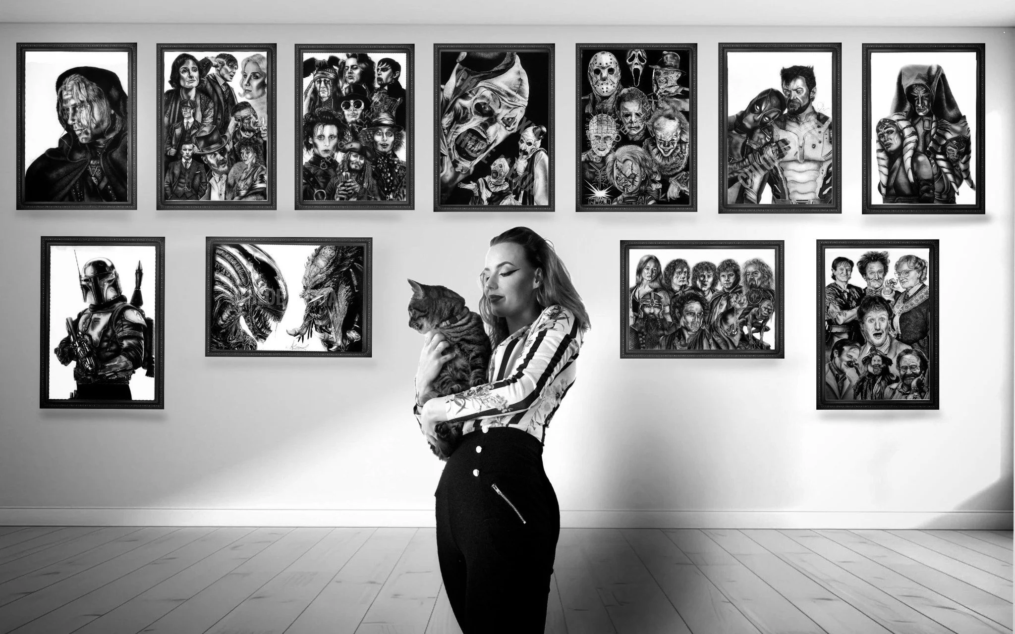 A woman holding a cat in an art gallery with various black-and-white horror and sci-fi posters on the wall.