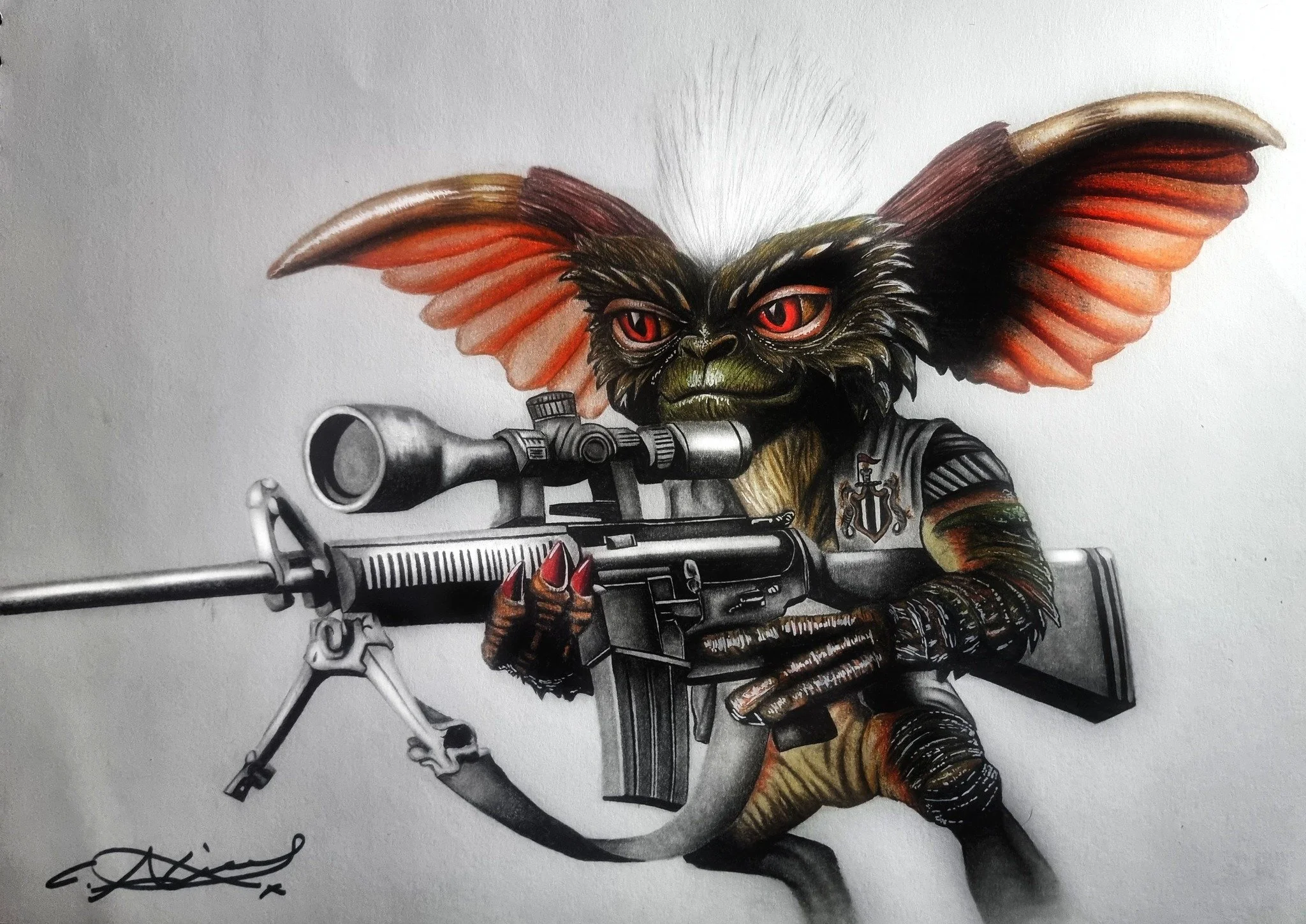 Fantasy illustration of a creature with owl-like features holding a sniper rifle, with detailed feathers, large ears, and red eyes, wearing combat gear. Signed artist signature at bottom left.