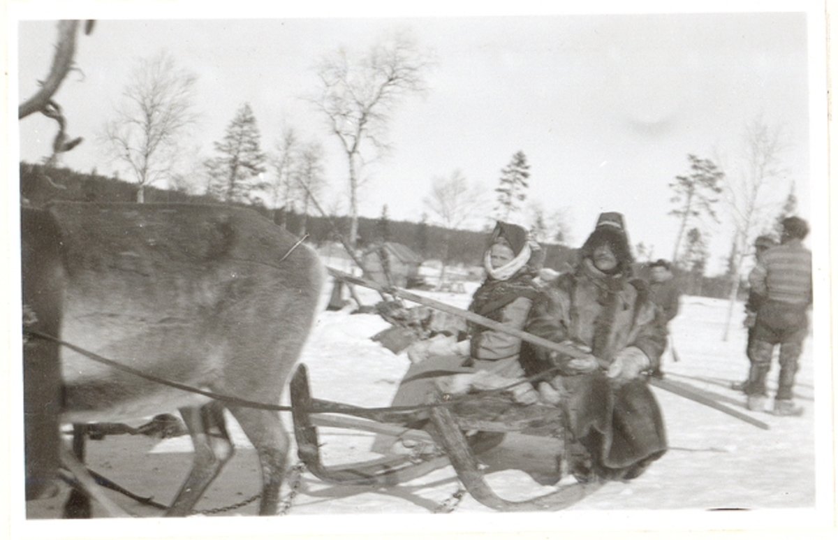 Anna ja Vasko Moshnikoff istuvat sanissa. Kuva Nickul Karl, vuodelta 1934, Petsamon Suonikylästä.