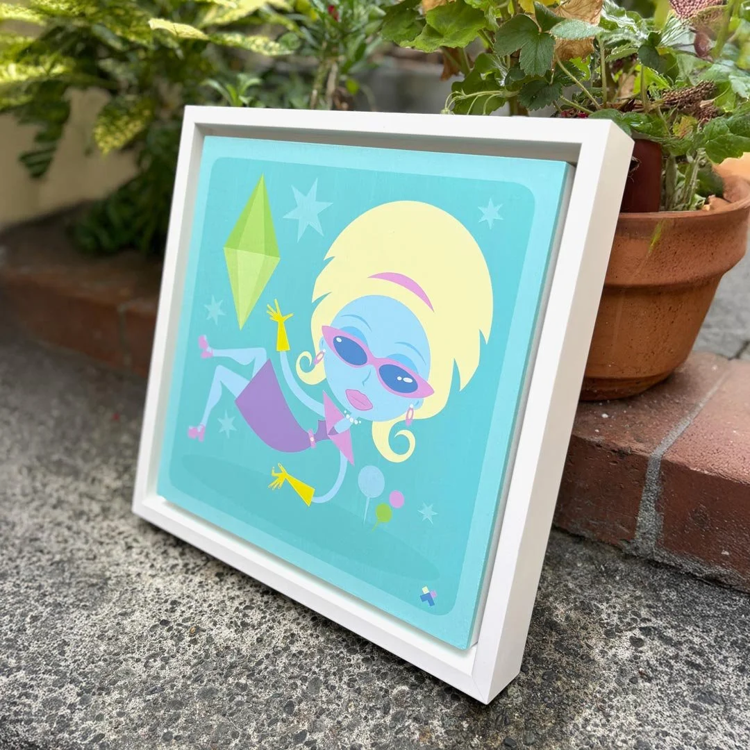 A colorful cartoon illustration of a stylish blue girl with blond hair, wearing pink sunglasses, a purple dress, yellow gloves, and yellow shoes, holding a green diamond-shaped object, set against a blue background with stars, near a plant in a pot on a brick ledge.