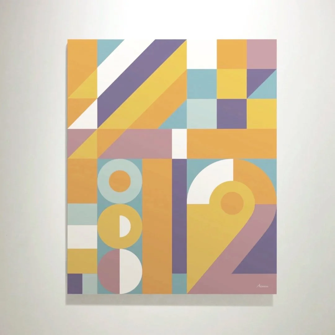 Abstract geometric artwork with various colored shapes and patterns, arranged in a grid-like composition.
