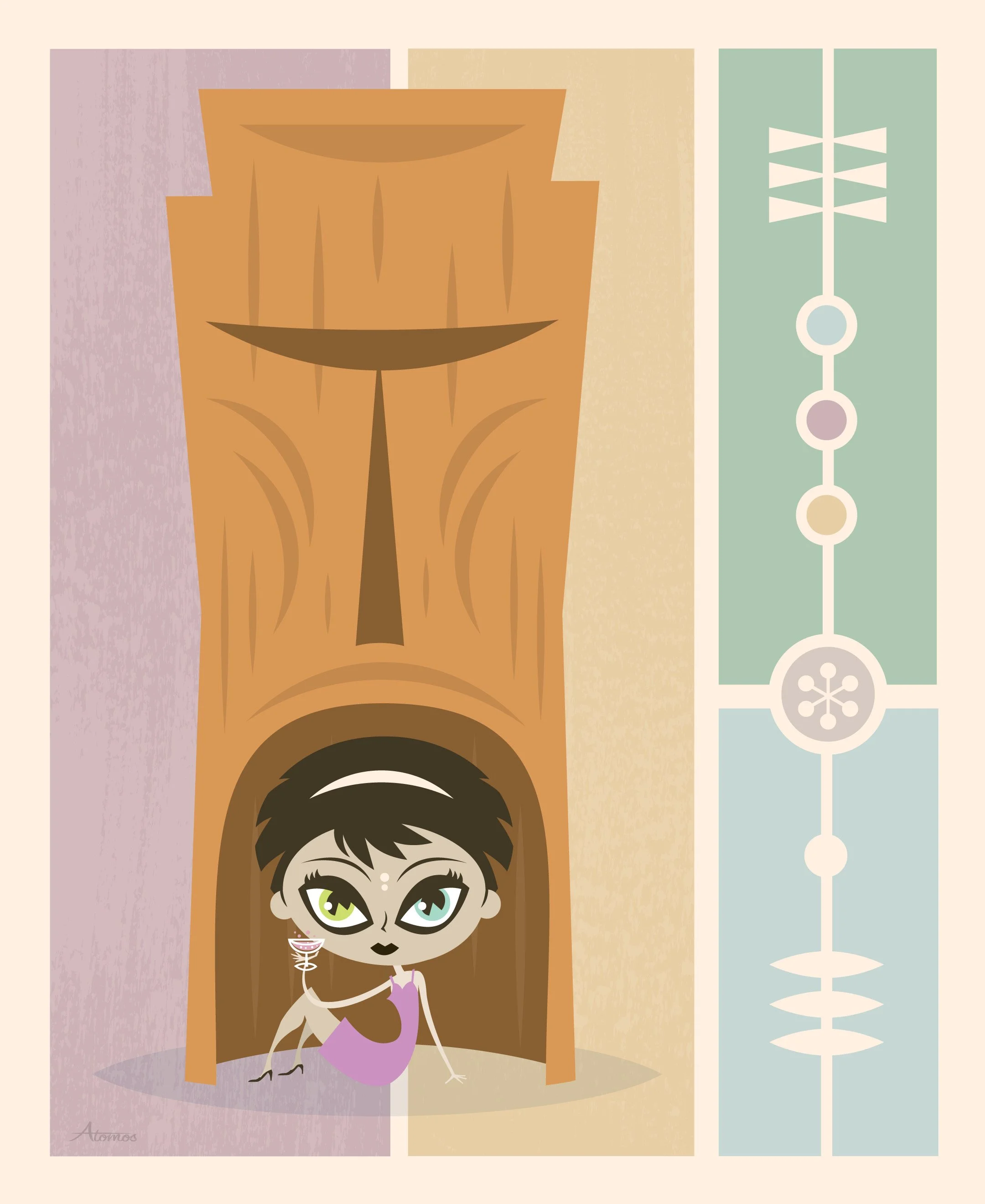 A tiki illustration by Mark Atomos Pilon of a character with big eyes, short dark hair, and wearing a purple dress, sitting with legs crossed and holding a glass of wine, with abstract background featuring geometric shapes and soft pastel colors.