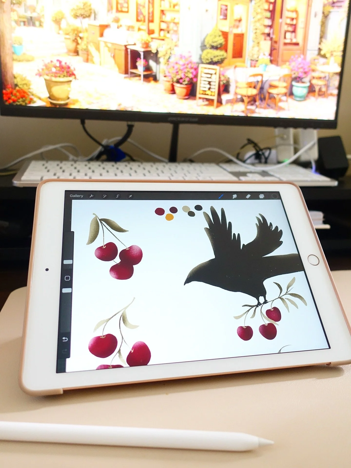 Working on a new pattern for a drawing challenge here on IG! Can&rsquo;t wait to see how this comes together 🍒🐦&zwj;⬛

#surfacedesign #drawingchallenge #designchallenge #procreate #patterndesigner #cherrypattern #fallpattern