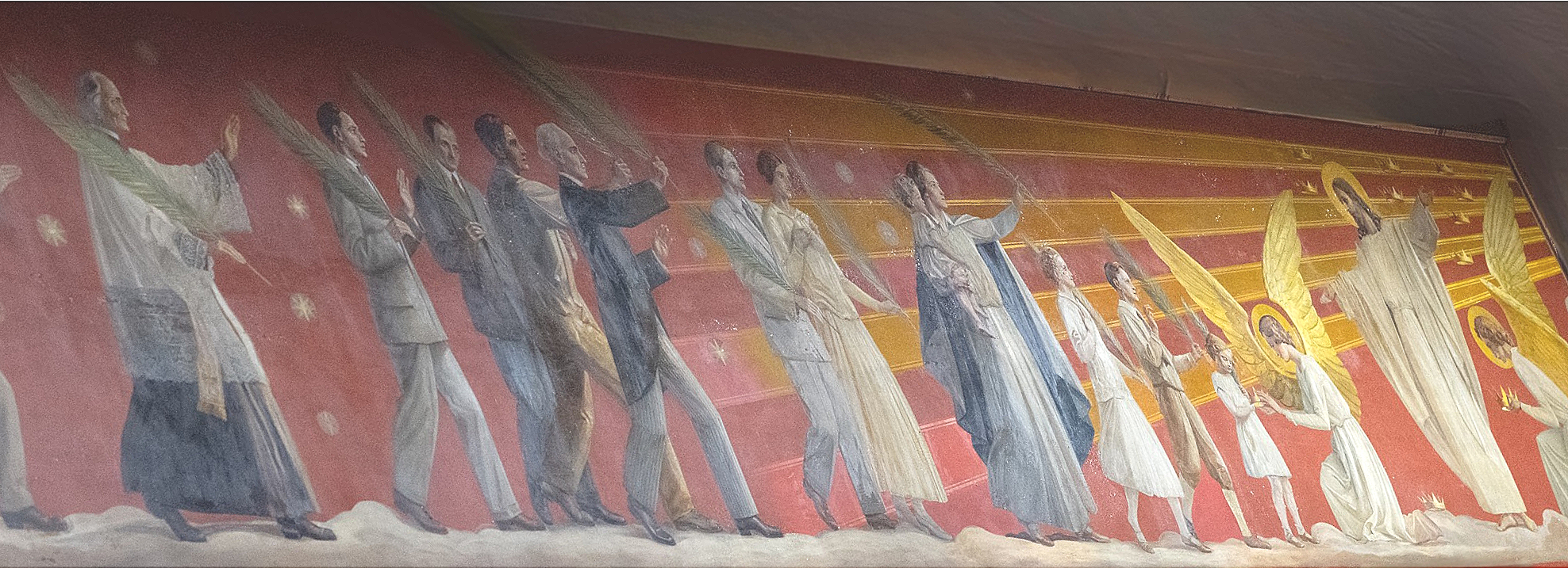 A religious mural depicting Jesus Christ ascending into heaven surrounded by angels, saints, and followers, with a red background and gold accents.