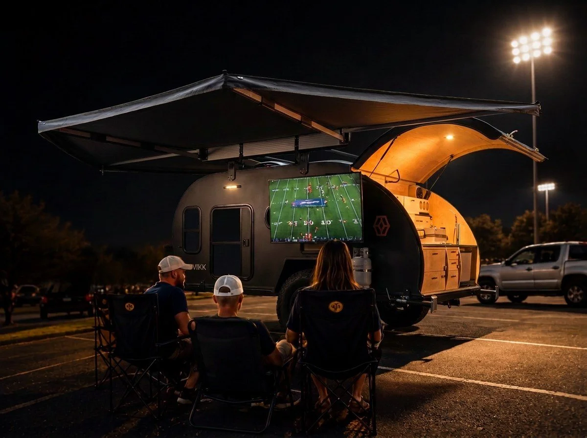 Three people sitting outdoors in camping chairs watching football on a large TV screen outside a black travel trailer at night in a parking lot with tall bright stadium lights.