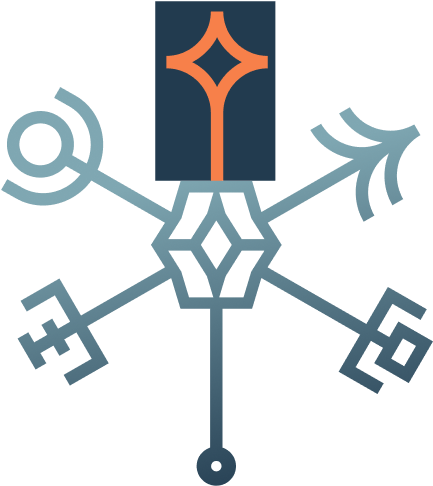 A stylized logo featuring a luminous orange star at the top and abstract shapes resembling a network or constellation in shades of blue.