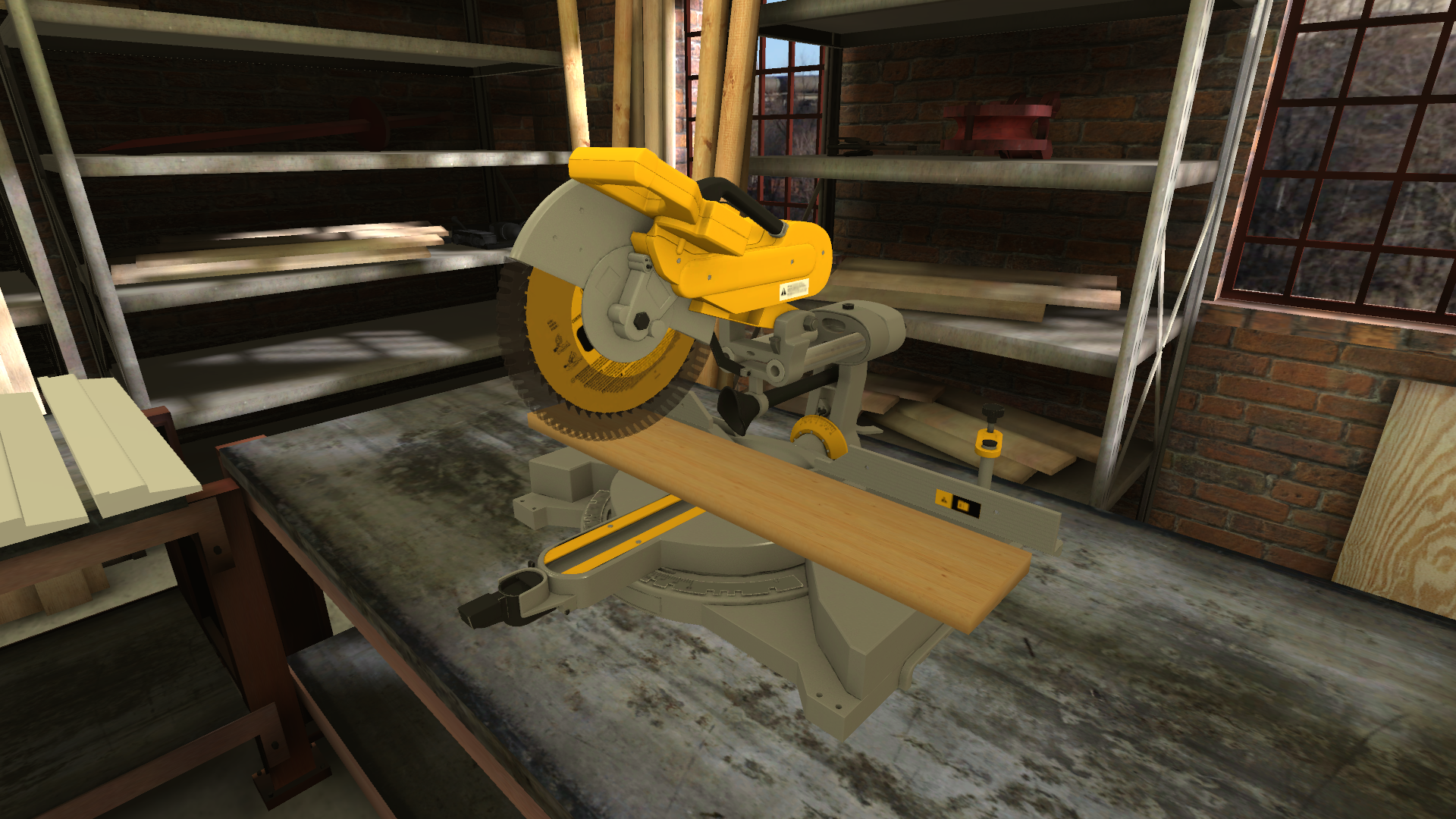 A yellow and gray miter saw on a workbench in a woodworking shop, with shelves and materials in the background.