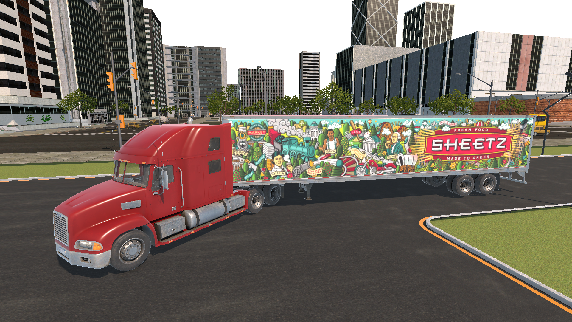 Red semi-truck with a colorful wrapping advertising Sheetz with illustrations of fresh food, vehicles, and people, driving on city streets surrounded by tall buildings and traffic signals.