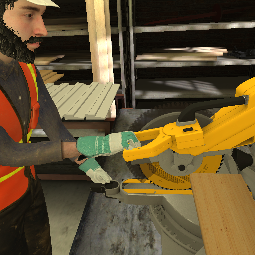 A man wearing a white hard hat and safety vest operating a yellow miter saw in a woodworking workshop with shelves of wood in the background.