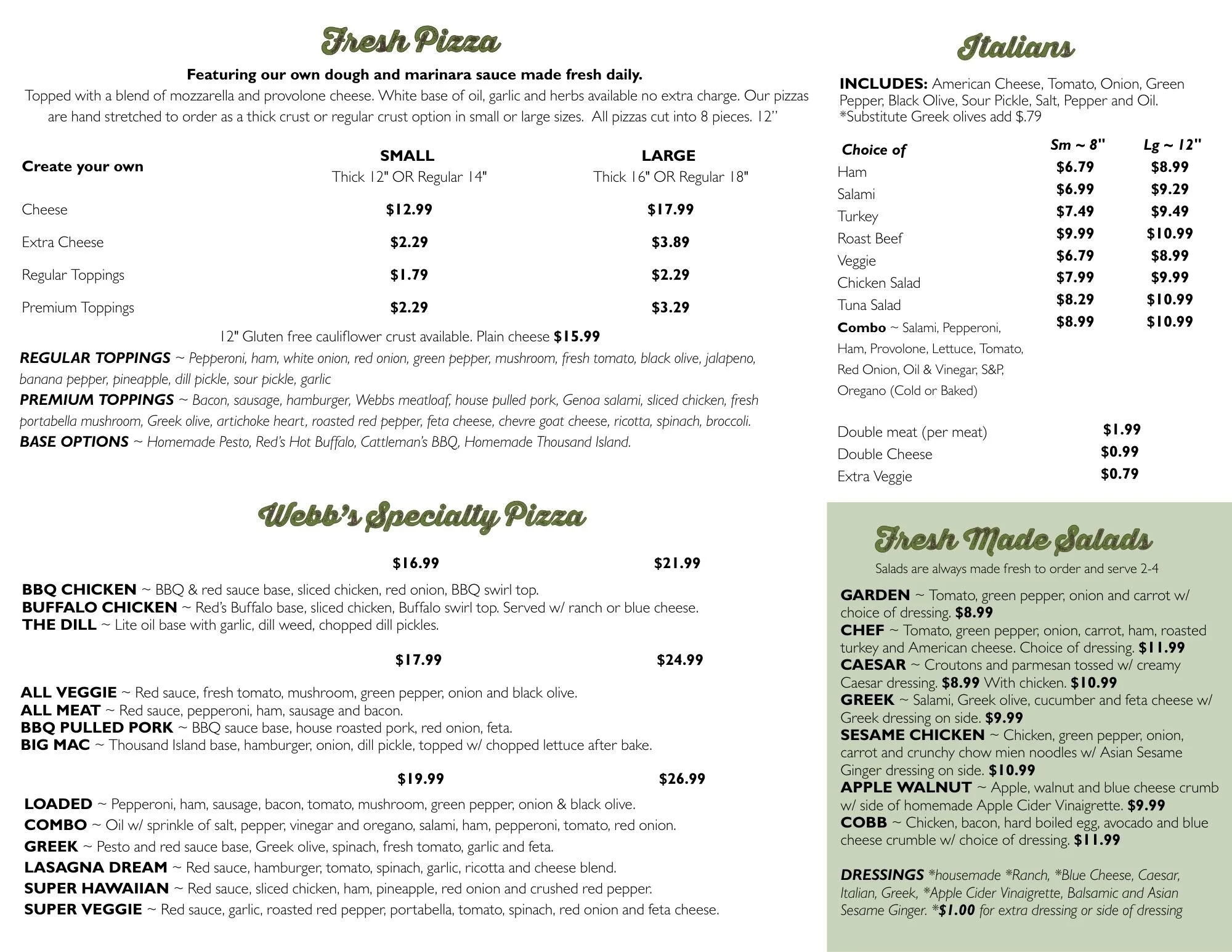 Webbs Menu Page 2